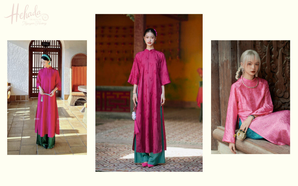 Mẫu áo dài hồng nhẹ nhàng phối cùng quần xanh mòng két độc đáo và sang trọng