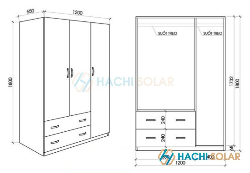 Mẫu bản vẽ kỹ thuật tủ quần áo 3 cánh với các ngăn kéo và khoang chứa đồ rộng rãi