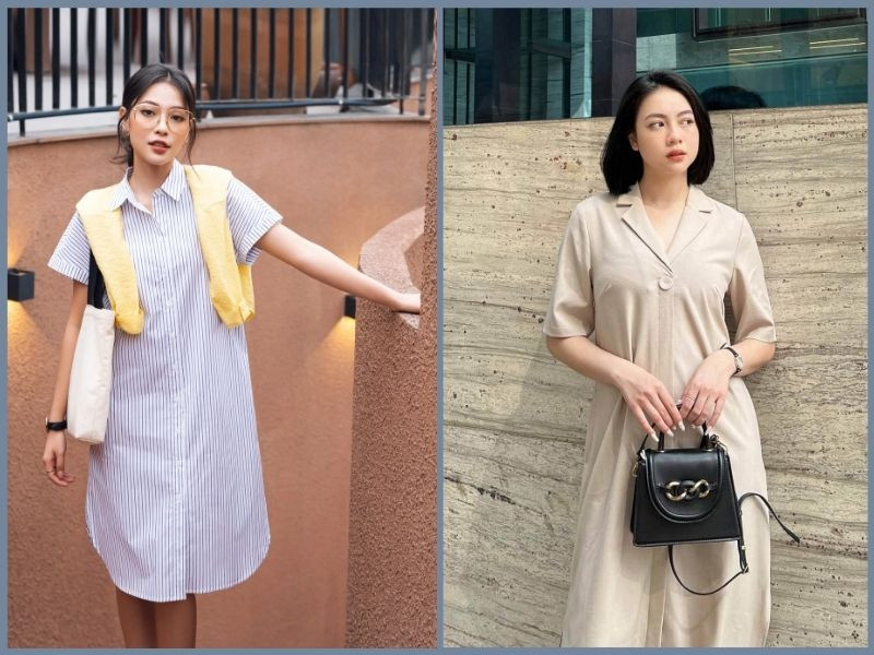 Mẫu váy suông dài màu xanh pastel với họa tiết hoa nhí nhỏ, tay bồng nhẹ nhàng, rất phù hợp cho người gầy cao nữ muốn che khuyết điểm và tạo vẻ mềm mại.