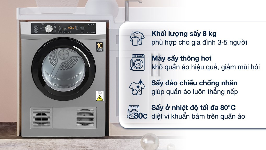 Máy sấy quần áo Aqua 8kg AQH-V800H SS màu trắng, thiết kế đơn giản, kích thước nhỏ gọn, lý tưởng cho gia đình 3-5 người, tiết kiệm không gian đặt máy.