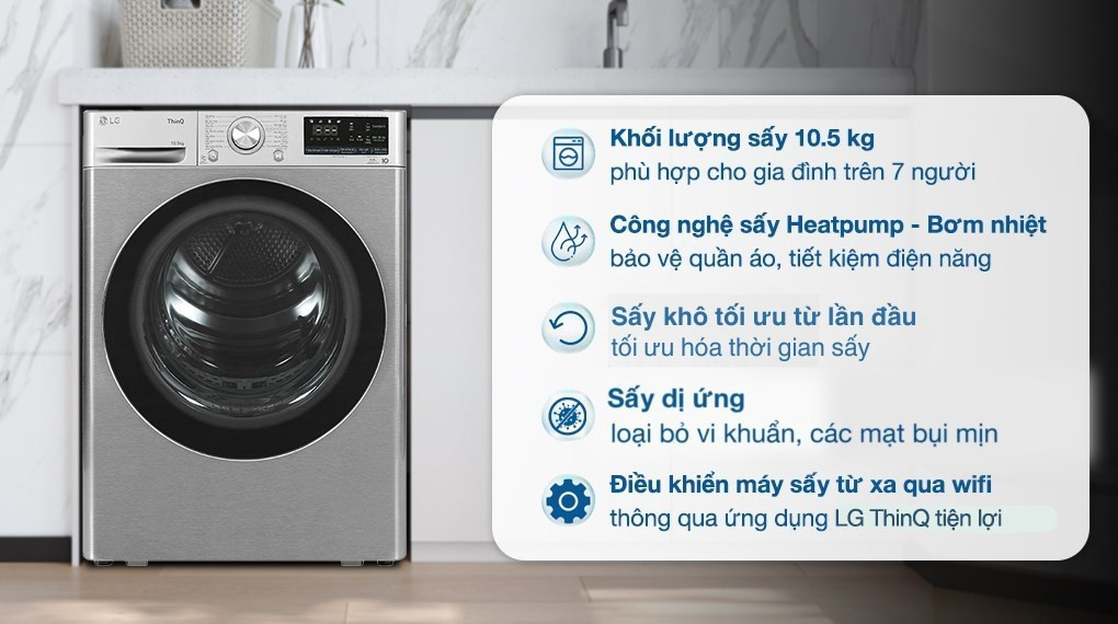 Máy sấy quần áo lồng ngang LG 10.5kg DVHP50P màu bạc, công nghệ bơm nhiệt hiện đại, thiết kế sang trọng, phù hợp đặt cạnh máy giặt cùng loại.