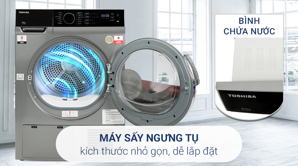 Máy sấy quần áo ngưng tụ Toshiba 8kg TD-K90MEV(SK) màu trắng, thiết kế nhỏ gọn, không cần ống thoát khí, tiện lợi cho việc lắp đặt trong căn hộ hoặc không gian hạn chế.