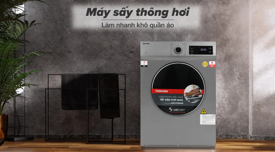 Máy sấy quần áo Toshiba tổng quan, minh họa cho dòng sản phẩm có dung tích 9kg lý tưởng cho gia đình trung bình