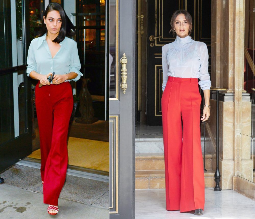 Mila Kunis và Victoria Beckham khoe vẻ đẹp kiêu kỳ với quần đỏ đô cạp cao ống loe phối áo sơ mi xanh nhạt