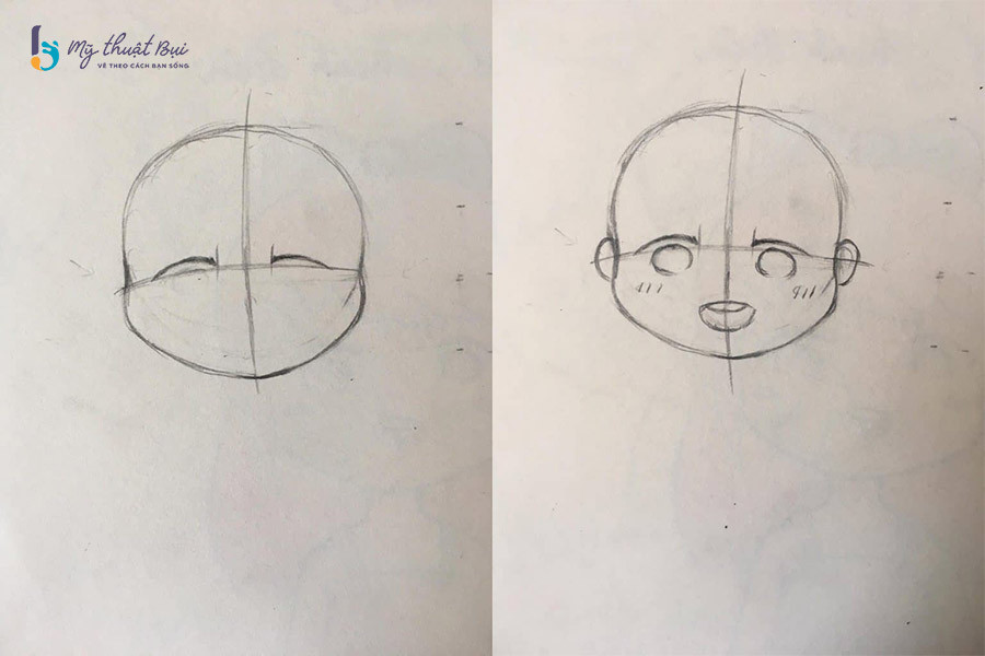 Minh họa các bước vẽ hình chibi cô gái với trang phục đơn giản, nhấn mạnh sự dễ thương