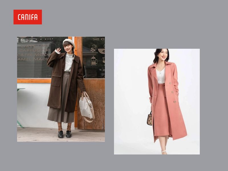 Một cô gái thanh lịch trong áo măng tô màu camel và chân váy midi xếp ly họa tiết kẻ, thể hiện phong cách cổ điển, duyên dáng và che khuyết điểm hiệu quả.