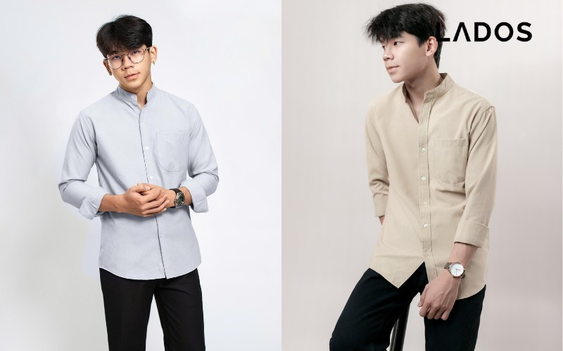 Nam giới mặc áo sơ mi cổ trụ trắng cùng quần jean thanh lịch