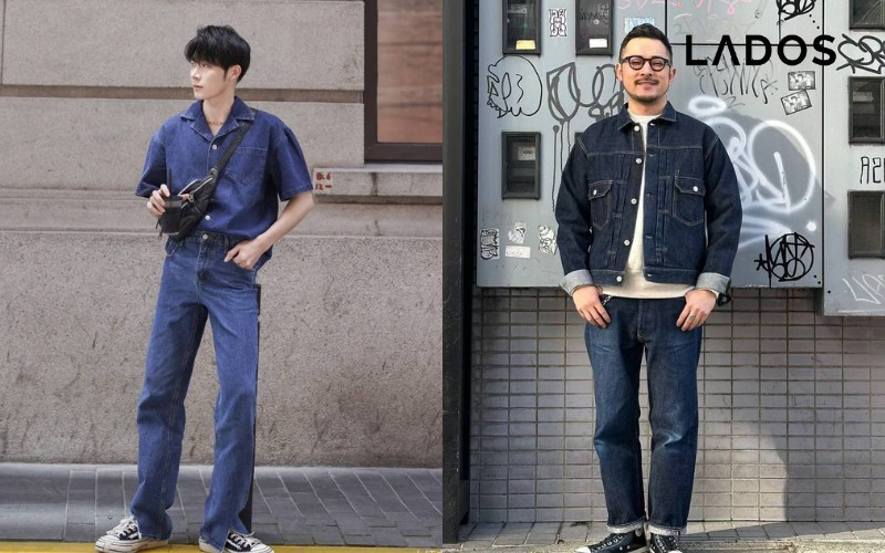 Nam giới sành điệu trong bộ trang phục áo sơ mi denim và quần jean