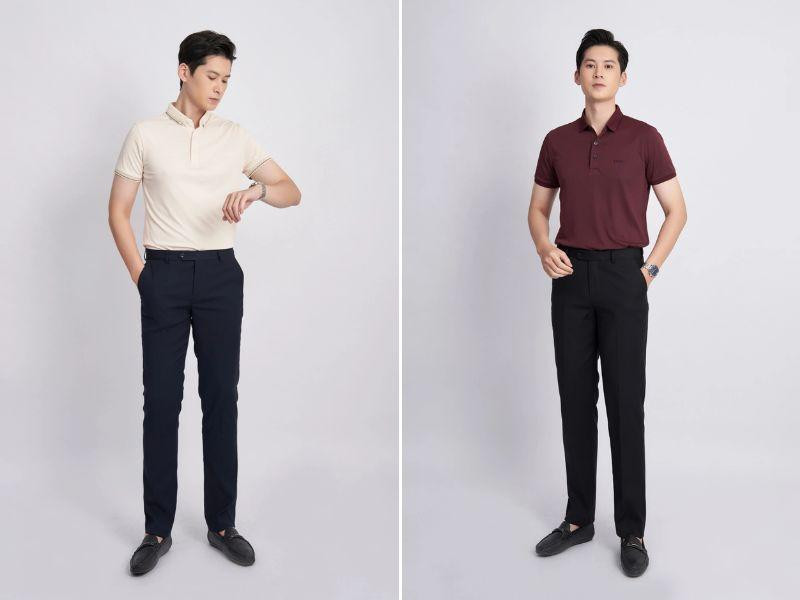 Người đàn ông mặc áo polo kẻ sọc và quần tây xanh navy, hoàn thiện bằng đôi giày lười da nâu, phong cách vừa lịch sự vừa phóng khoáng