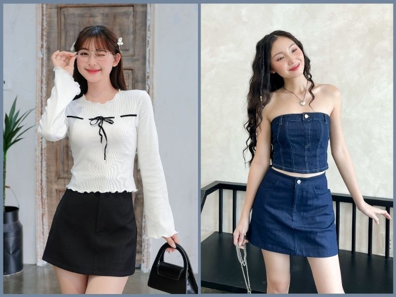 Người gầy cao nữ mặc áo ôm màu xanh navy và chân váy chữ A màu trắng, tạo cảm giác cân đối, tôn lên vóc dáng thon gọn một cách tinh tế.