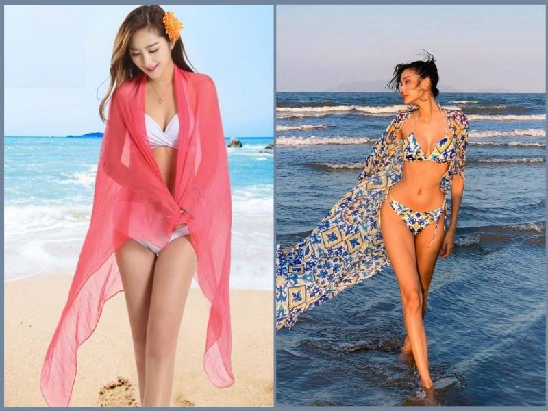 Người gầy cao nữ mặc bikini phối cùng khăn choàng mỏng họa tiết hoa lá nhiệt đới, tạo vẻ ngoài cuốn hút và giúp vóc dáng trông đầy đặn hơn khi đi biển.