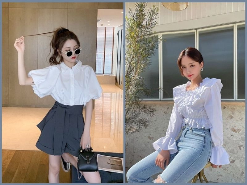 Người gầy thấp nữ mặc áo kiểu tay phồng màu trắng nhẹ nhàng, kết hợp với chân váy chữ A, tạo cảm giác đầy đặn cho phần thân trên và mang lại vẻ ngoài thanh lịch, duyên dáng.