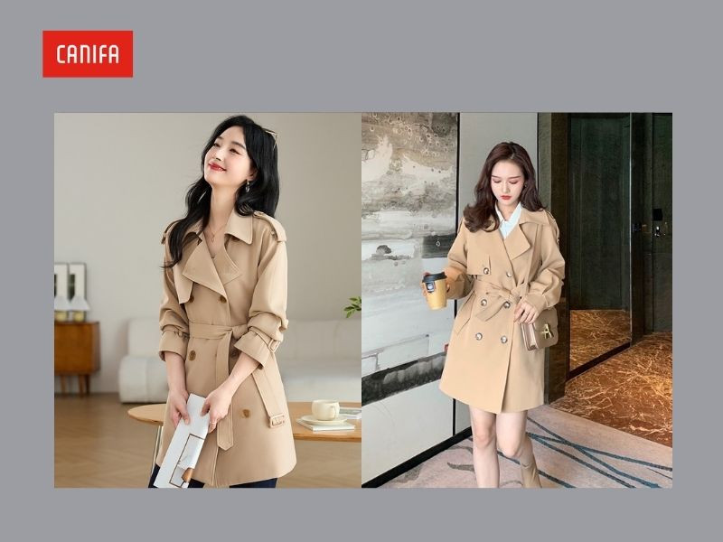 Người mẫu diện áo măng tô nữ dáng ngắn màu camel cổ điển, kết hợp hài hòa với quần ống rộng trắng và áo len, tạo vẻ ngoài thanh lịch, năng động cho cô nàng vóc dáng nhỏ nhắn.