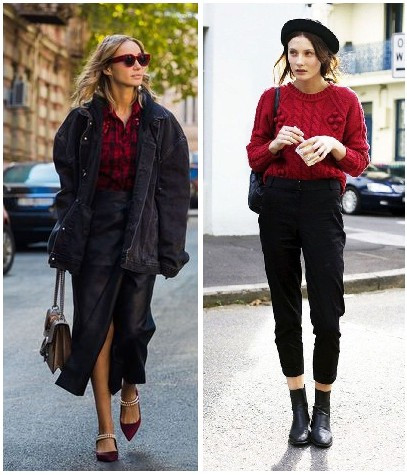 Người mẫu mặc áo blazer đen kết hợp áo blouse màu mận chín và quần tây tối màu