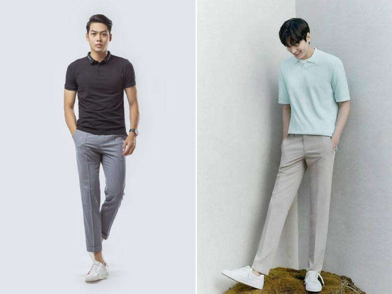 Người mẫu mặc áo polo trắng kem phối cùng quần tây xếp ly màu xám đậm, kết hợp giày da đen, tạo phong cách thời thượng, thanh lịch