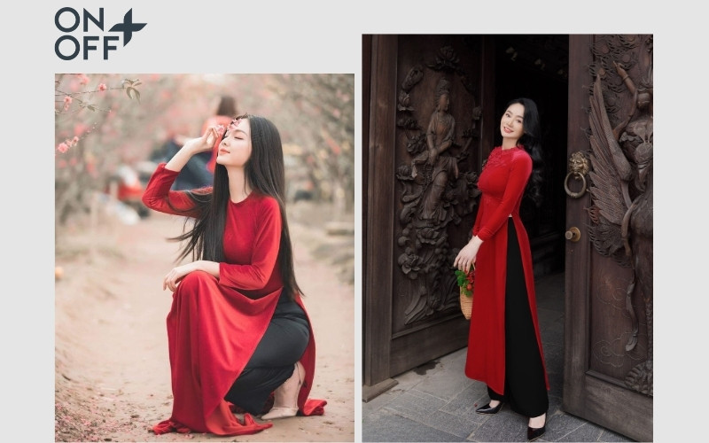 Người phụ nữ thanh lịch mặc áo dài đỏ quần đen, tạo dáng truyền thống