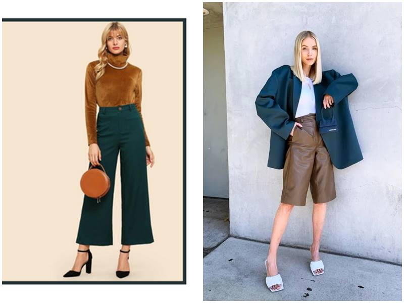 Nữ công sở mặc áo sơ mi nâu tay dài với quần tây xanh cổ vịt ống rộng, thể hiện phong cách thanh lịch, chuyên nghiệp và đầy cuốn hút.