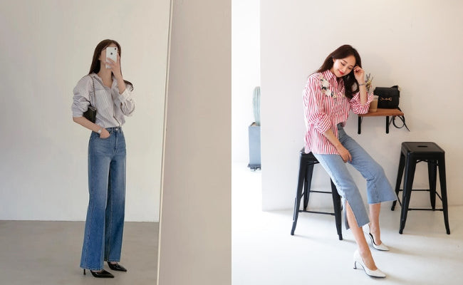 Nữ công sở thanh lịch với áo sơ mi họa tiết, quần kaki ống rộng và giày cao gót mũi nhọn, phù hợp cho môi trường văn phòng