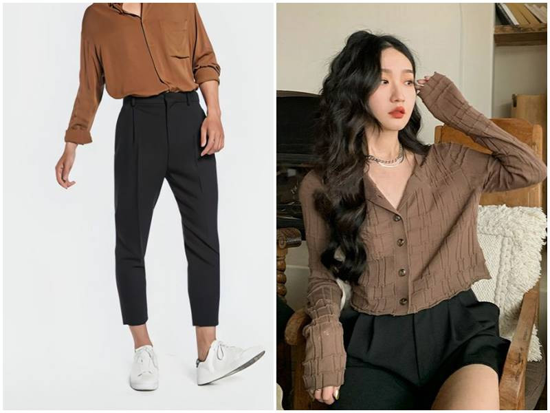 Nữ giới diện áo sơ mi nâu phối quần tây đen ống đứng, tôn lên vẻ thanh lịch và chuyên nghiệp, phù hợp cho môi trường công sở.