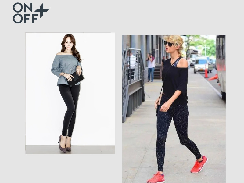 Nữ tính quyến rũ với áo sơ mi trễ vai màu xanh nhạt phối quần legging đen, gợi ý phối áo sơ mi với quần legging cho vẻ ngoài trẻ trung.