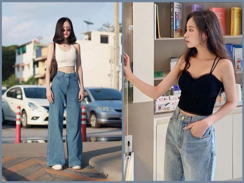 Outfit gợi cảm cho người gầy thấp nữ với áo hai dây màu đen và quần jeans slim-fit cạp cao, giúp tôn dáng, kéo dài đôi chân và tạo phong cách cá tính.