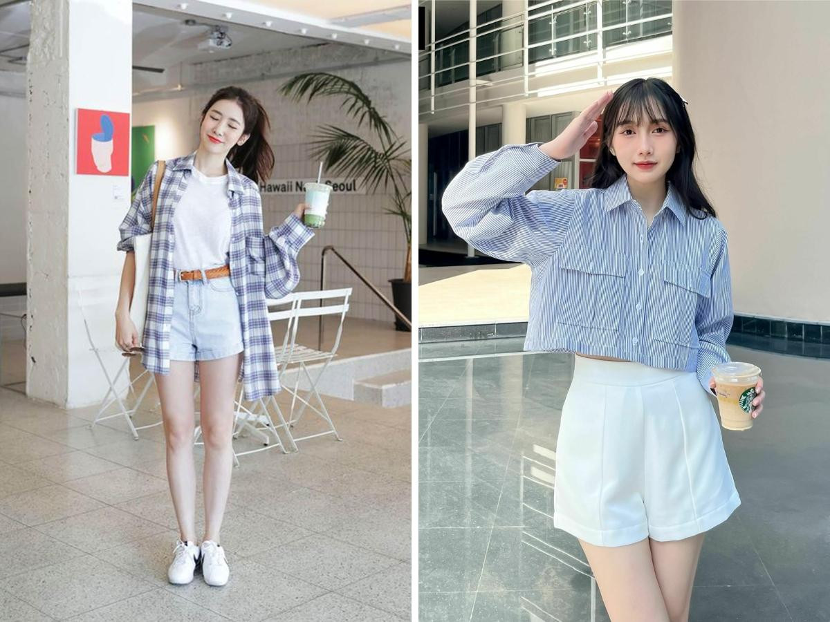 Outfit năng động với áo sơ mi kẻ sọc và quần short kaki, lý tưởng cho những buổi dạo phố, hoạt động ngoài trời