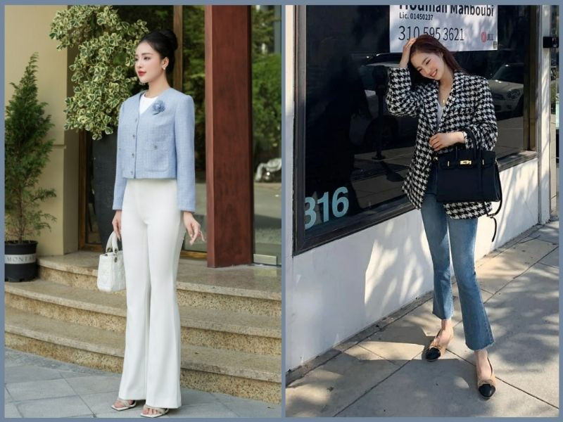 Phối áo khoác tweed màu xanh nhạt với quần ống loe đen và boots cao cổ sành điệu