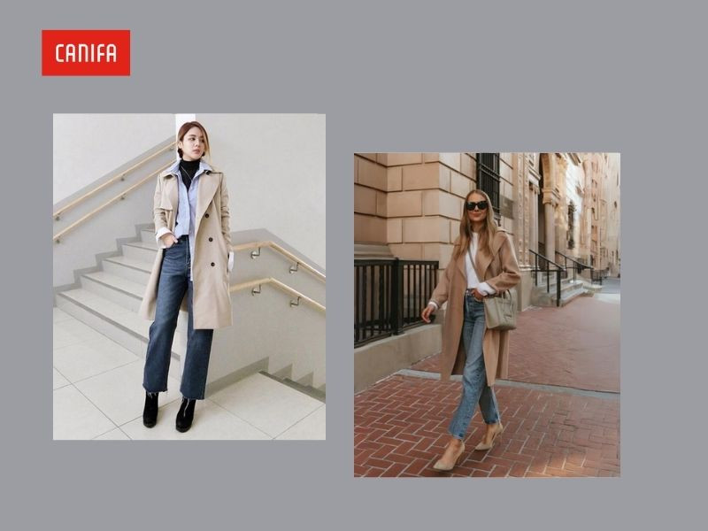 Phối áo măng tô màu be với áo thun trắng đơn giản và quần jeans xanh, tạo nên outfit thanh lịch, năng động và thoải mái cho những buổi dạo phố hay gặp gỡ bạn bè.