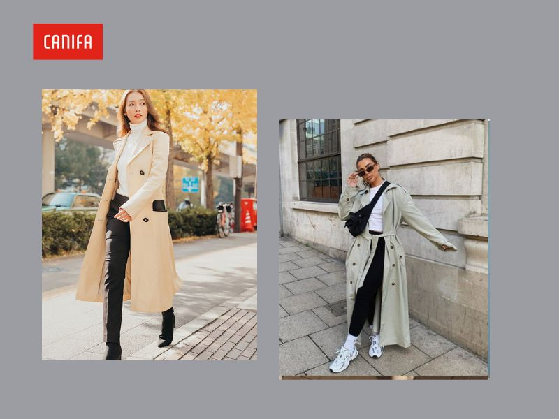 Phối áo măng tô nữ màu nâu đất cùng quần skinny đen và giày cao gót, tạo phong cách thời trang tự nhiên, nổi bật và cá tính cho quý cô hiện đại.