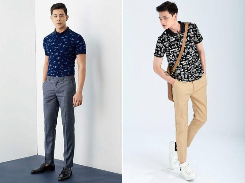 Phối áo polo nam họa tiết nhỏ tinh tế với quần tây đen ống đứng và giày da, tạo vẻ ngoài lịch lãm, sang trọng và chuẩn mực