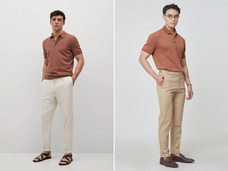 Phối áo polo nam trắng cổ điển với quần tây xám chuột, kết hợp màu sắc trung tính hài hòa, tạo vẻ ngoài trang nhã, cuốn hút