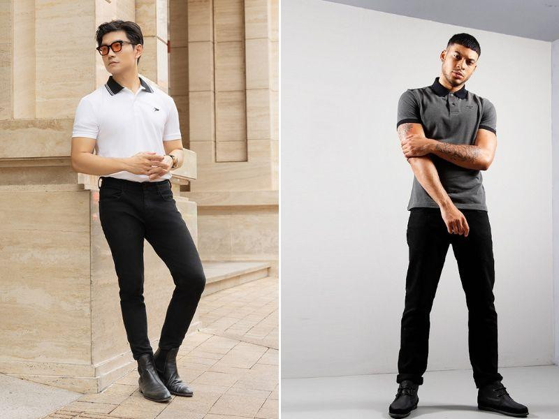 Phối áo polo nam xám, quần tây đen và giày boot Chelsea màu nâu đậm, thể hiện phong cách cá tính, bụi bặm nhưng vẫn lịch sự