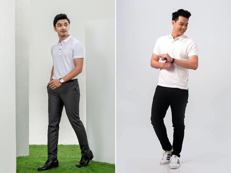 Phối áo polo trắng nam cơ bản với quần tây đen hoặc xanh navy, tạo vẻ ngoài tối giản và lịch lãm cho phái mạnh