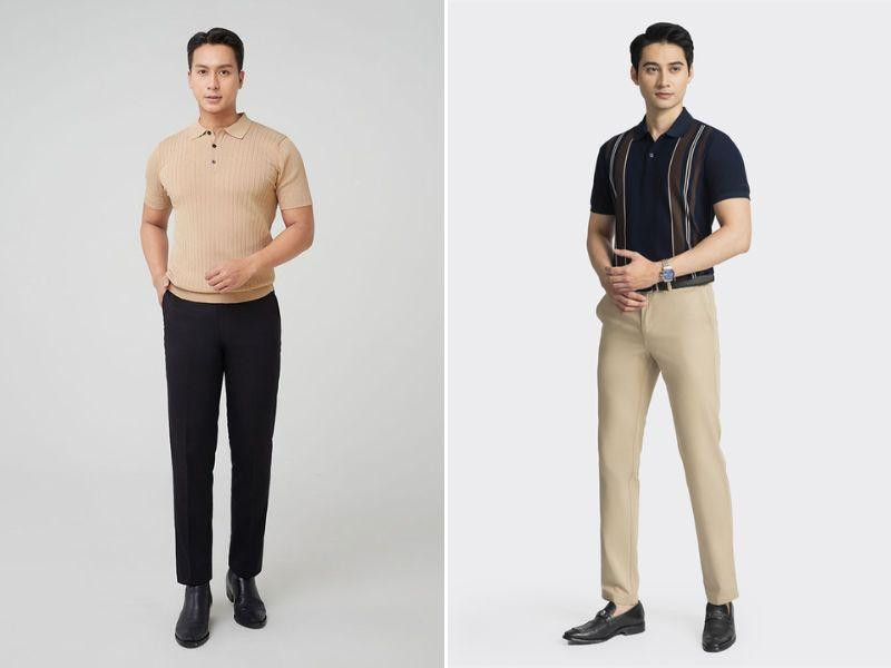 Phối áo polo xanh navy, quần tây trắng và áo khoác bomber màu xanh rêu, đi kèm giày sneaker trắng, phong cách trẻ trung dạo phố