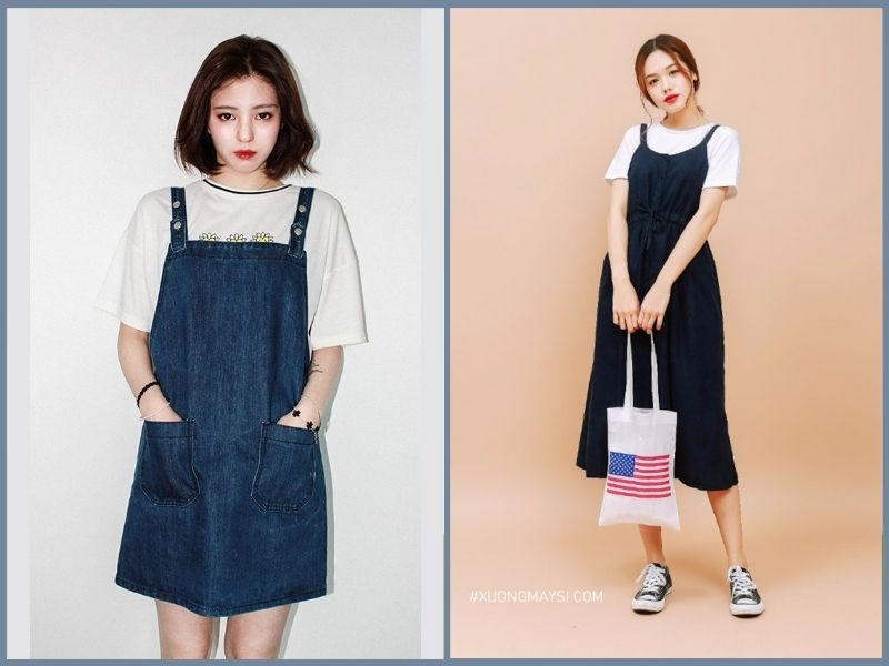 Phối áo rộng cùng chân váy yếm denim, tạo vẻ ngoài ngọt ngào và năng động cho nàng