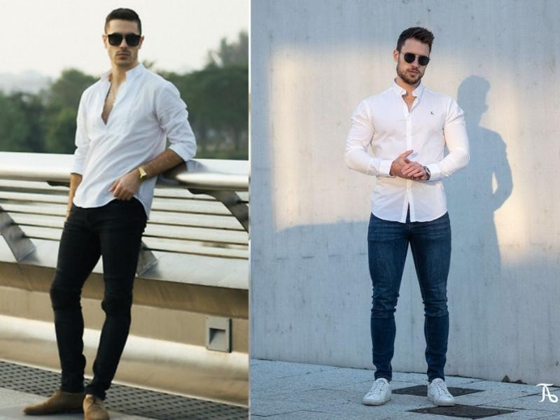 Phối Áo sơ mi cổ trụ cùng quần Jean mang hơi hướng retro