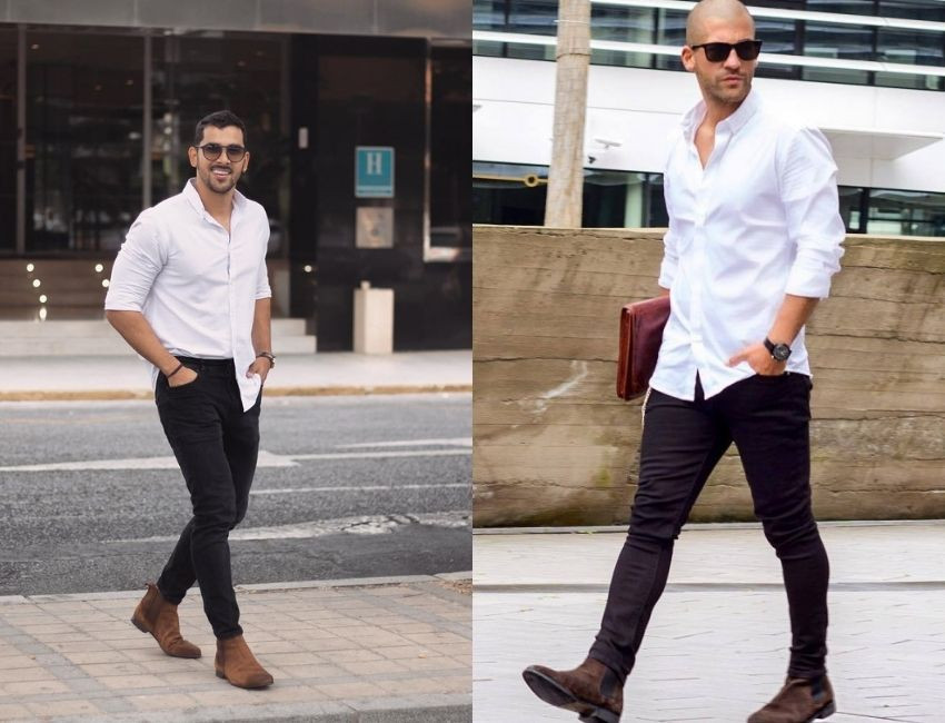 Phối áo sơ mi quần tây đen với Chelsea boots màu nâu giúp tôn dáng