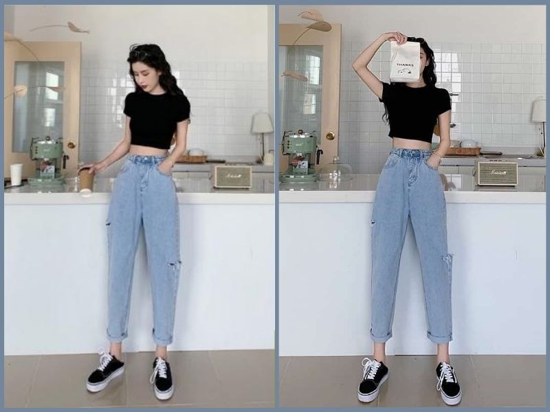 Phối áo thun croptop mix cùng quần jean nữ baggy