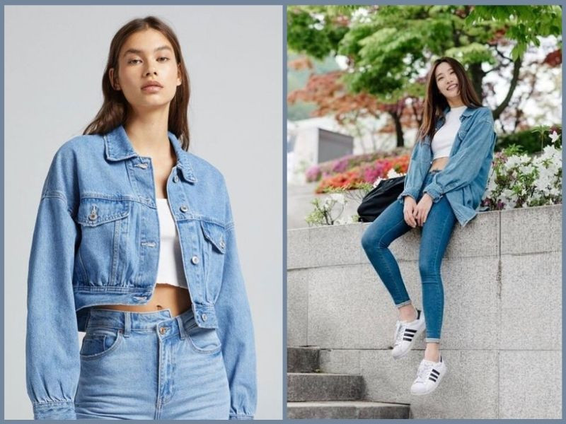 Phối áo thun với quần jean nữ và áo khoác denim