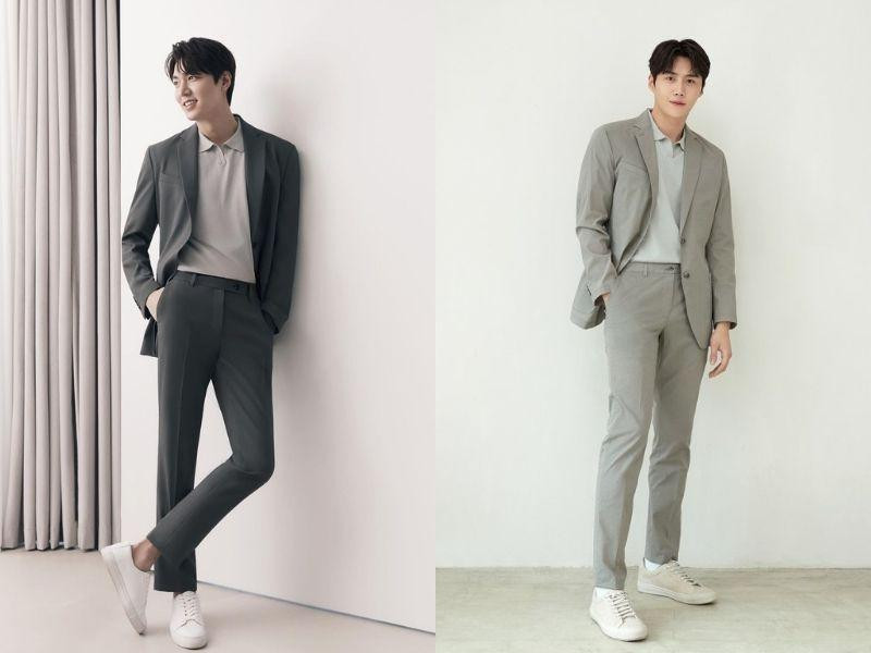 Phối đồ Smart Casual với áo polo xanh navy, quần tây cùng màu và áo vest màu be sáng, thể hiện sự lịch lãm, chuyên nghiệp