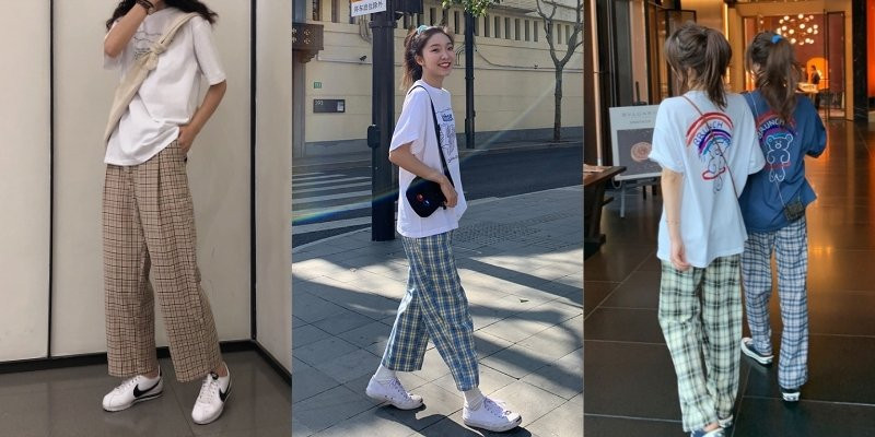 Phối quần caro ống rộng với áo thun oversize tạo nên phong cách đường phố năng động và trẻ trung
