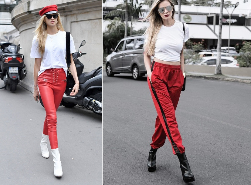 Phối quần da đỏ đô cùng bốt cổ thấp đen và áo thun đơn giản tạo vẻ ngoài tomboy mạnh mẽ