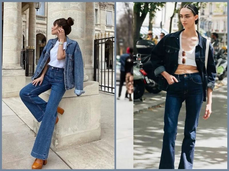 Phối quần jean ống loe xanh với áo khoác denim cùng tông màu năng động