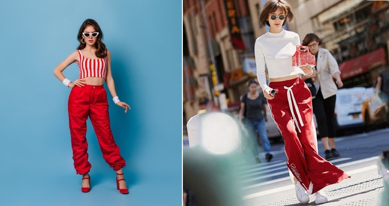 Phối quần jogger đỏ đô với áo croptop đen giúp khoe vòng eo thon gọn, tạo phong cách sành điệu