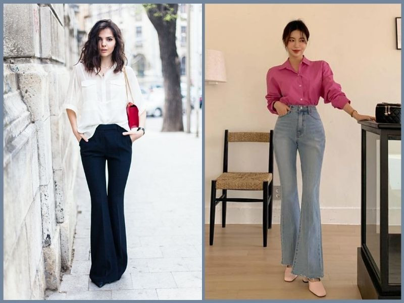 Phối quần ống loe đen với áo sơ mi trắng lịch sự cho công sở