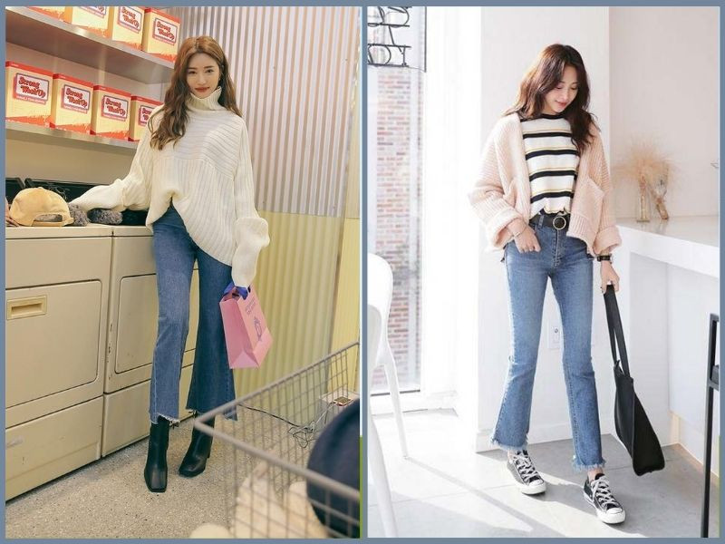Phối quần ống loe với áo len màu kem ấm áp cho mùa đông