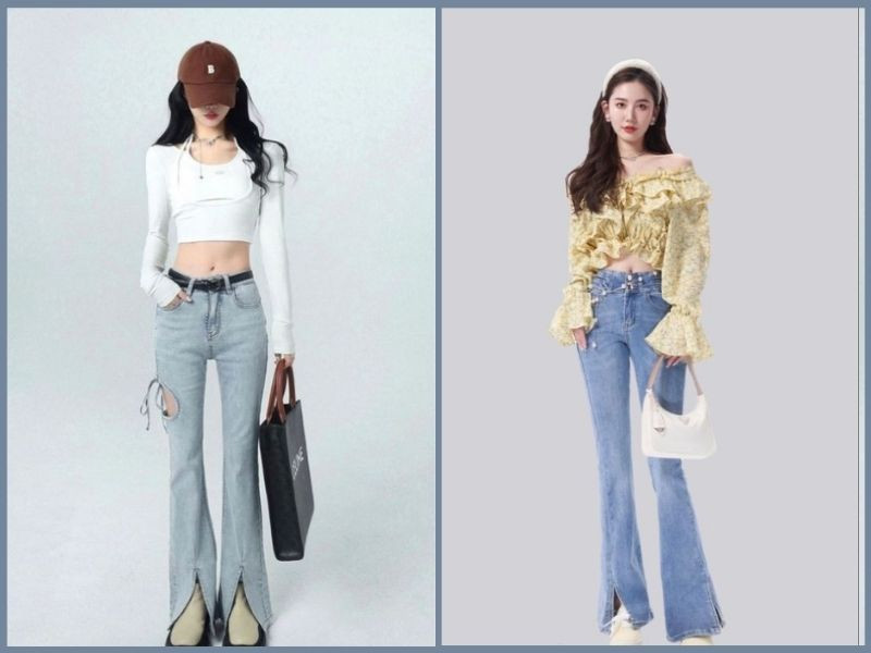 Phối quần ống loe xẻ tà đen với áo thun dài tay kẻ sọc và giày sneaker trắng cho buổi dạo phố