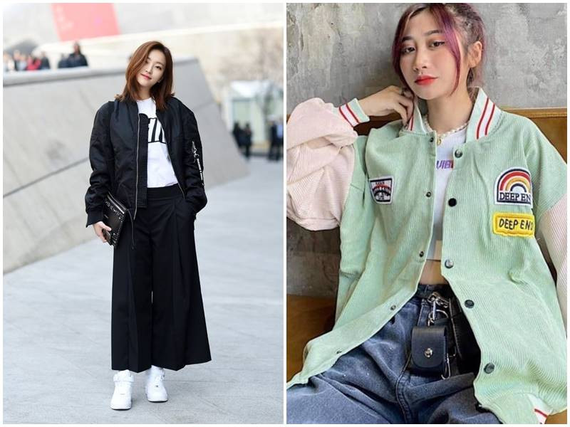 Phối quần suông ống rộng với áo khoác bomber