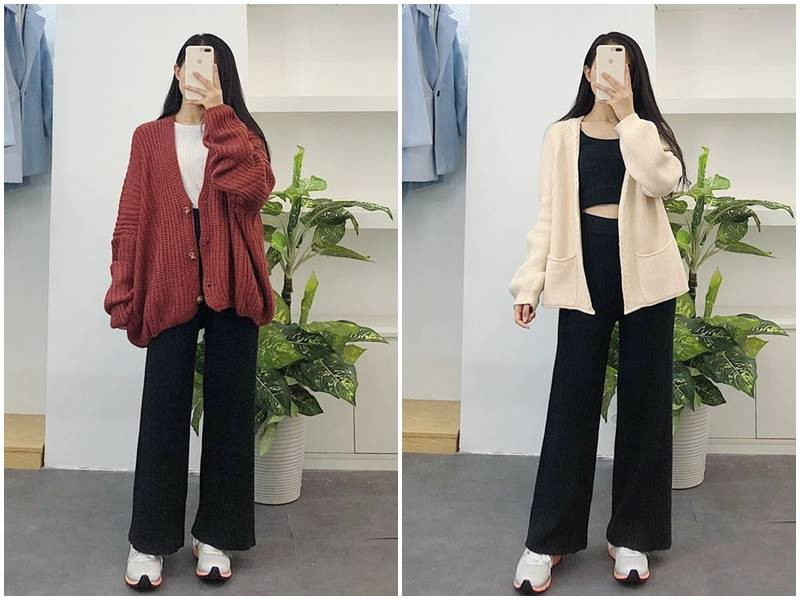 Phối quần suông ống rộng với áo len cardigan nữ tính