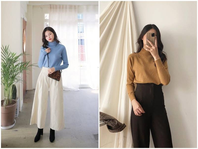 Phối quần suông ống rộng với áo len cổ lọ